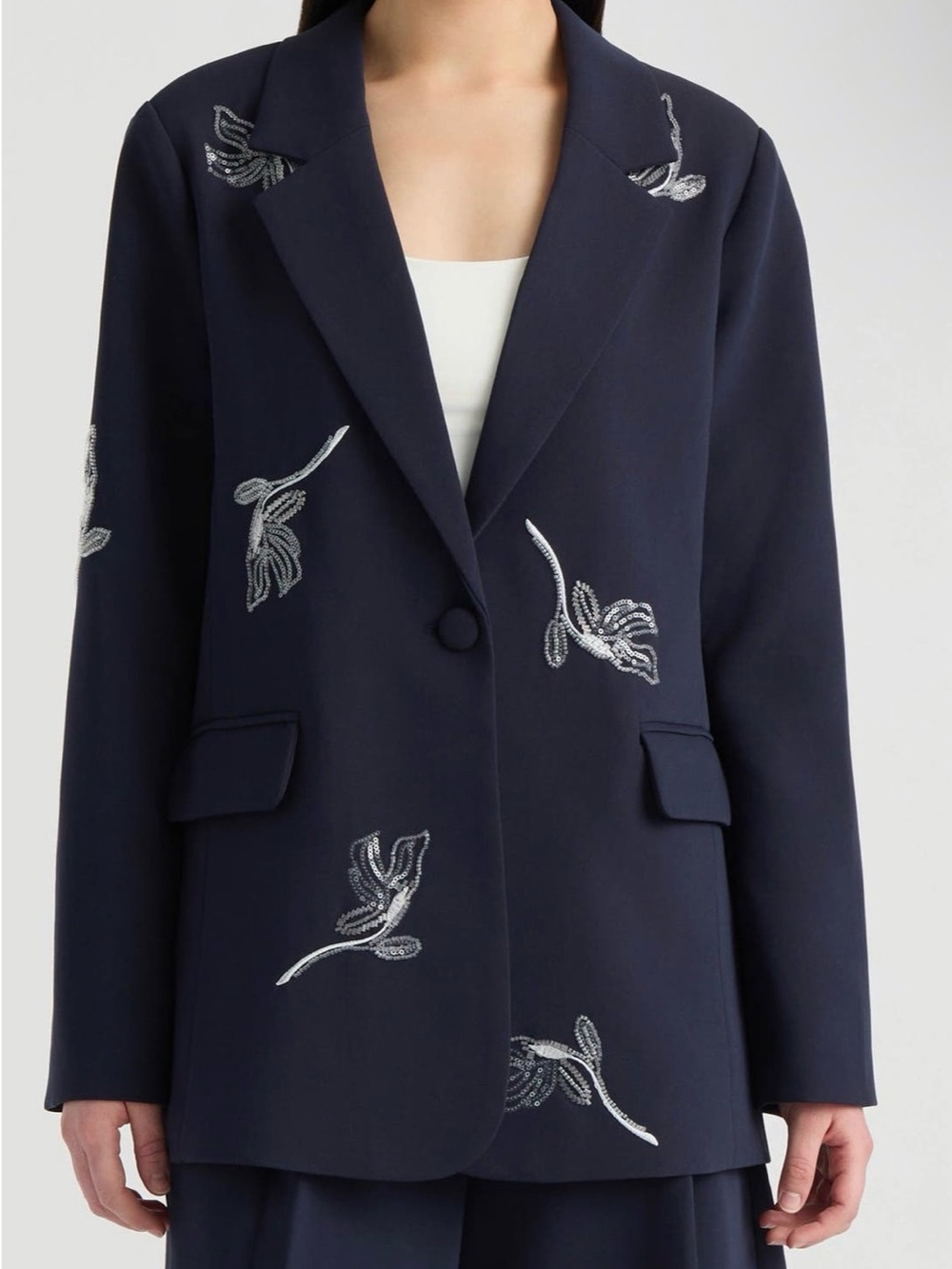 NVLT Navy Blazer with Silver Embroidered Floral Detail